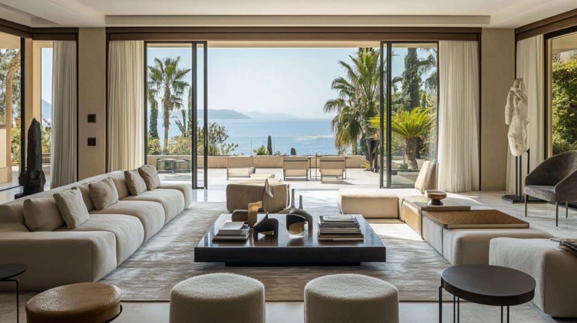 Contemporary open-plan living area leading to a Mediterranean terrace, reflecting expert techniques in creating luxury interior designs.