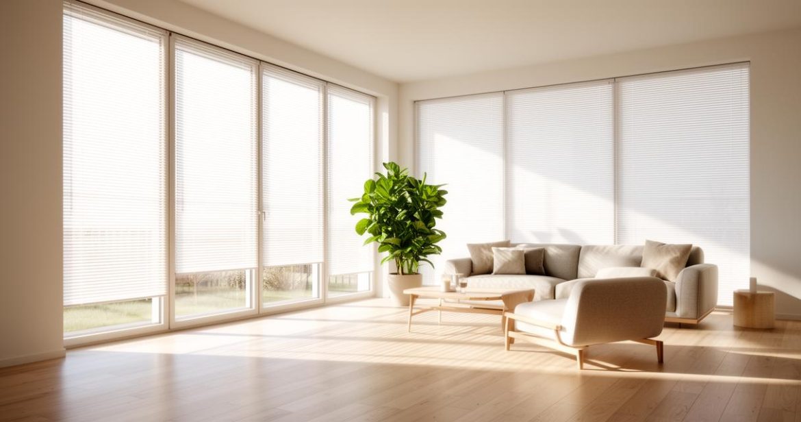 White modern blinds partially lowered over large floor-to-ceiling windows in a bright, minimalist living room with a beige sofa and a leafy green potted plant.